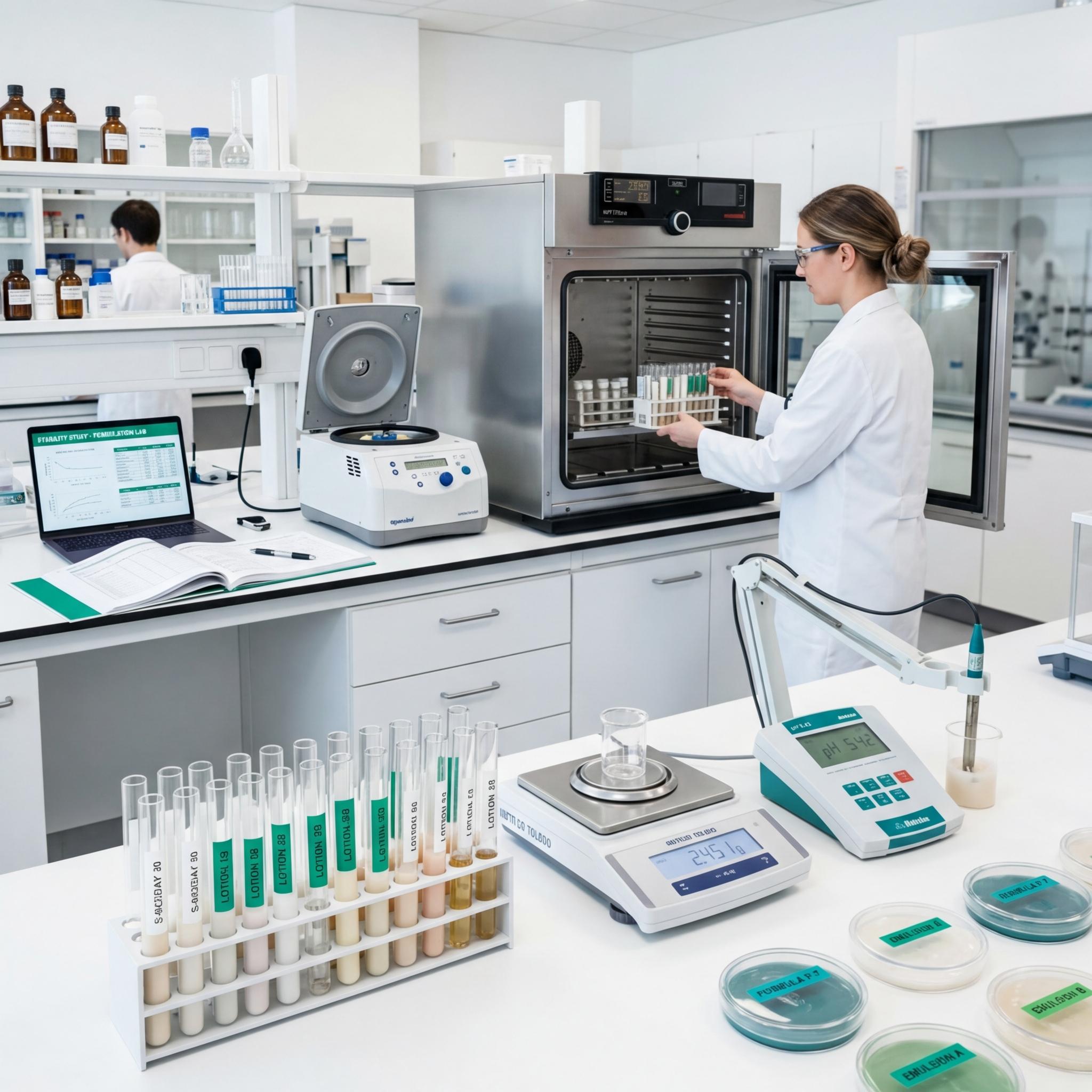 Laboratorio de testing cosmético con equipos de análisis