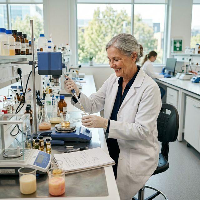 Formulador cosmético experto trabajando en un laboratorio